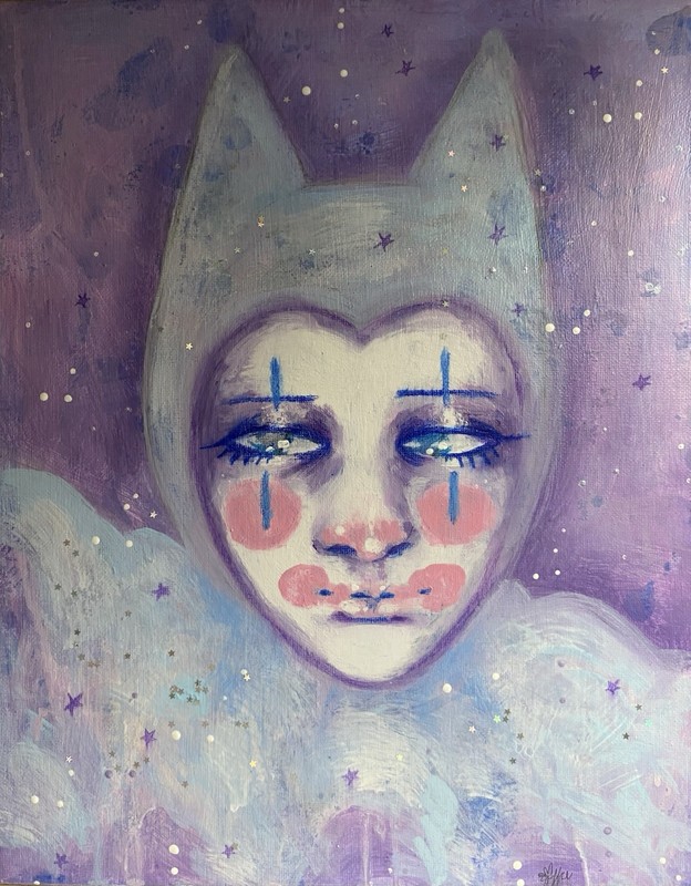 Blue And Purple Cat Clown Fantasy Painting On 11×14 Canvas Board