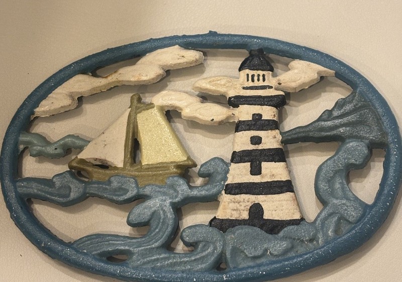 Lighthouse Sailboat Cast Iron Trivet 8”x5”