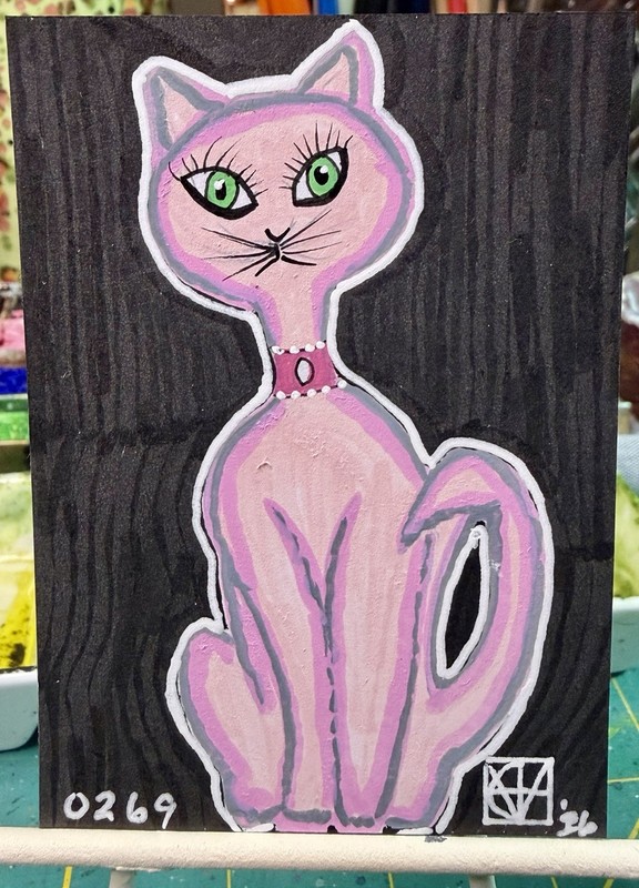 ACEO Painting by M. Hackney Pink Cat Acrylic Marker Ink Signed Original 2.5x3.5" gallery