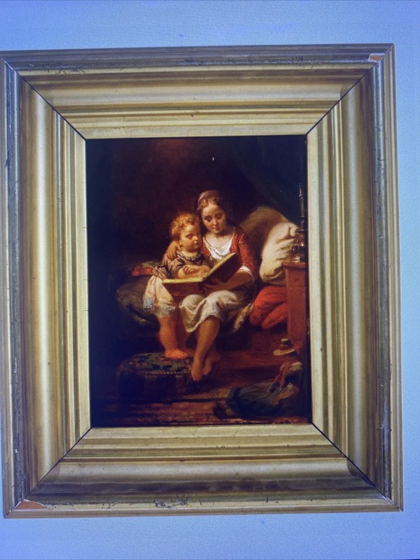 Antique 19 Century Oil Painting Unknown Artist – Girl reading to a boy