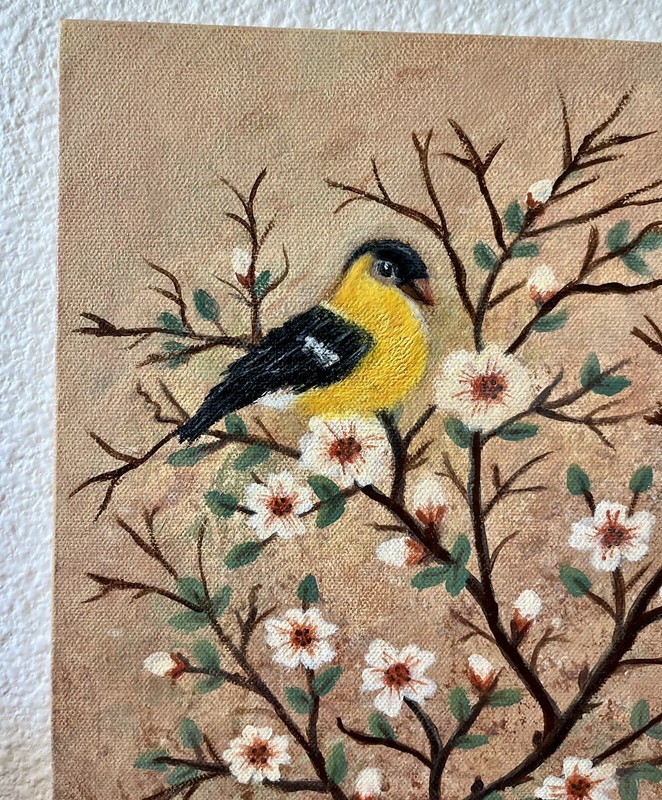 Yellow Finch Bird Painting Original Art Spring Apple Cherry Tree Artist Signed gallery