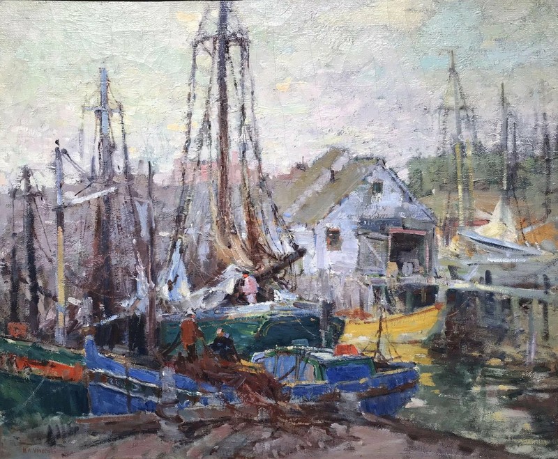 Harry Aiken Vincent Impressionist Marine Oil Painting, Wheelers Wharf gallery