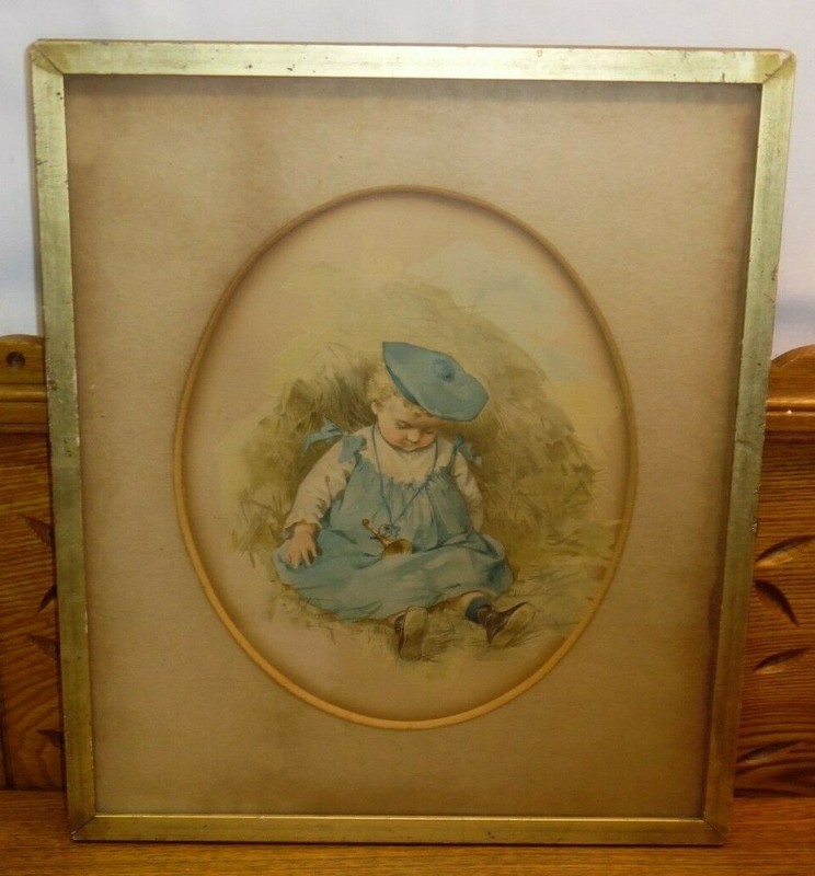 Framed Antique Watercolor Painting – Girl In Blue Dress w/ Horn Asleep By Hay