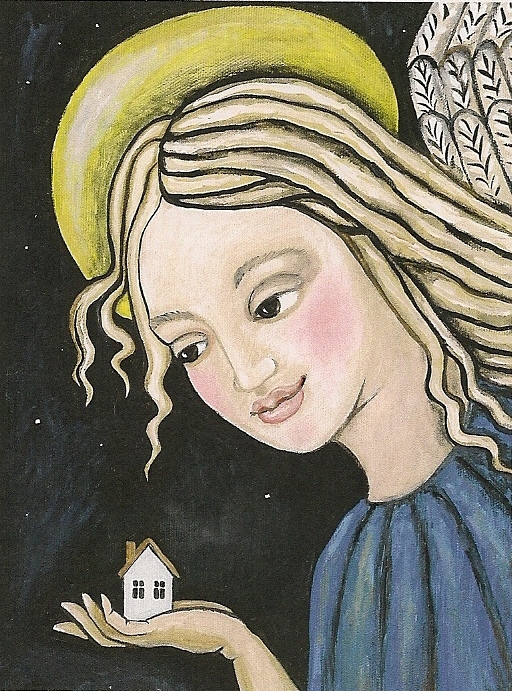 ACEO PRINT OF PAINTING ANGEL HOUSE FOLK RYTA art Christmas icon gift 🎄