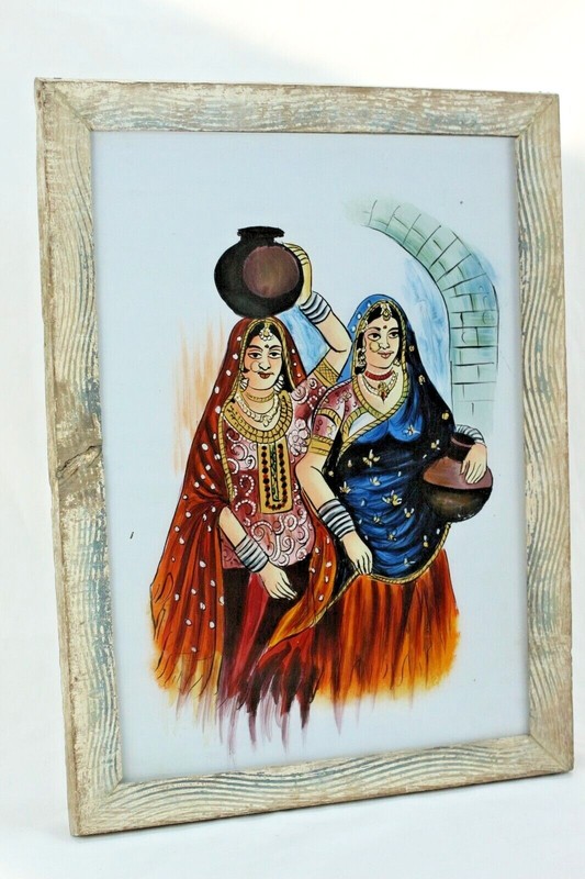 Indian Women Carrying Water Reverse Glass Painting Wall Decor, Tribal Culture