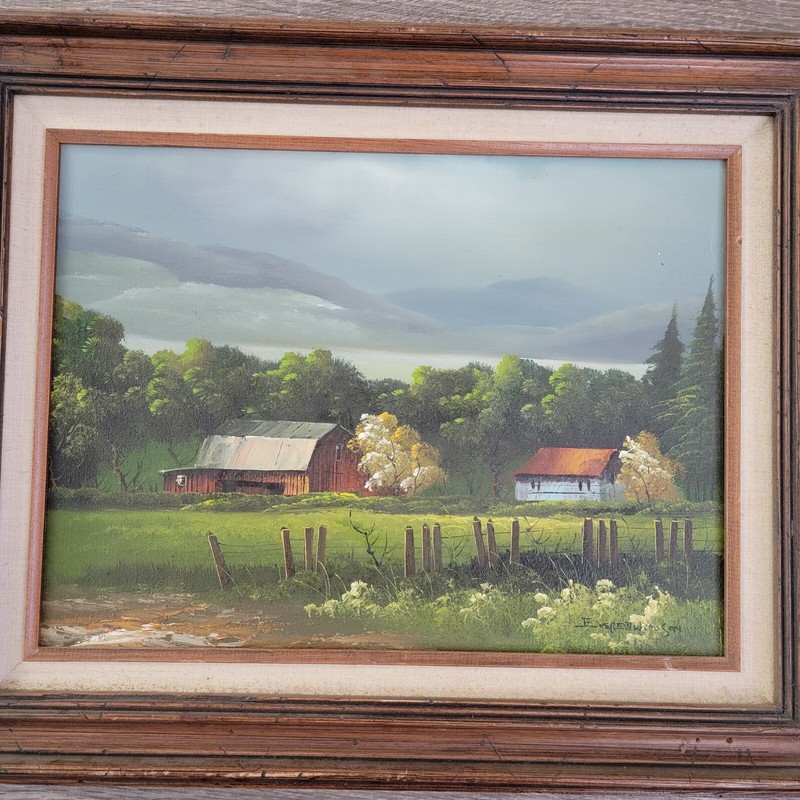 Everett Woodson Oil Painting Rural Farm Scene Red Barn on Canvas Framed 16 x 21" gallery