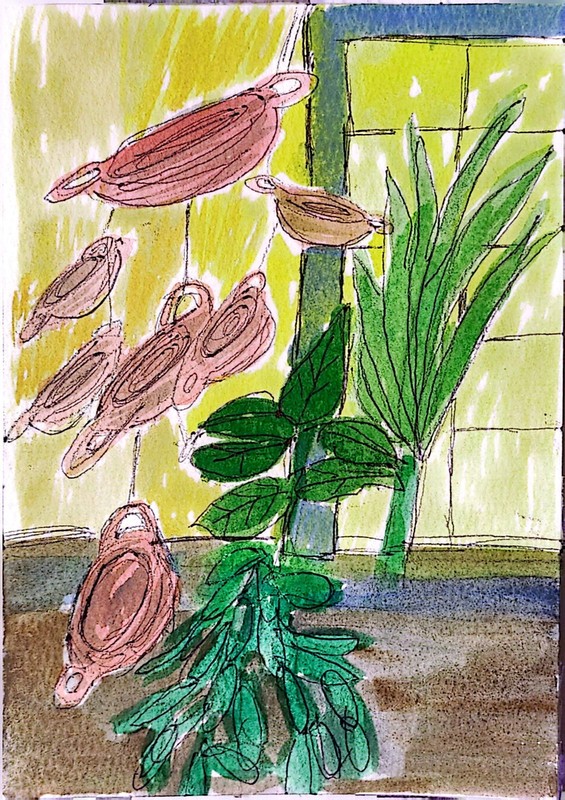 Calderas Pequeñas campanillas de viento en la ventana Original 5×7 Watercolor
