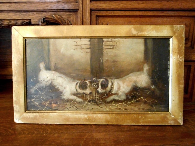 Antique Rustic Two White Dog Oil Painting Rat Terrier Ratting English Portrait