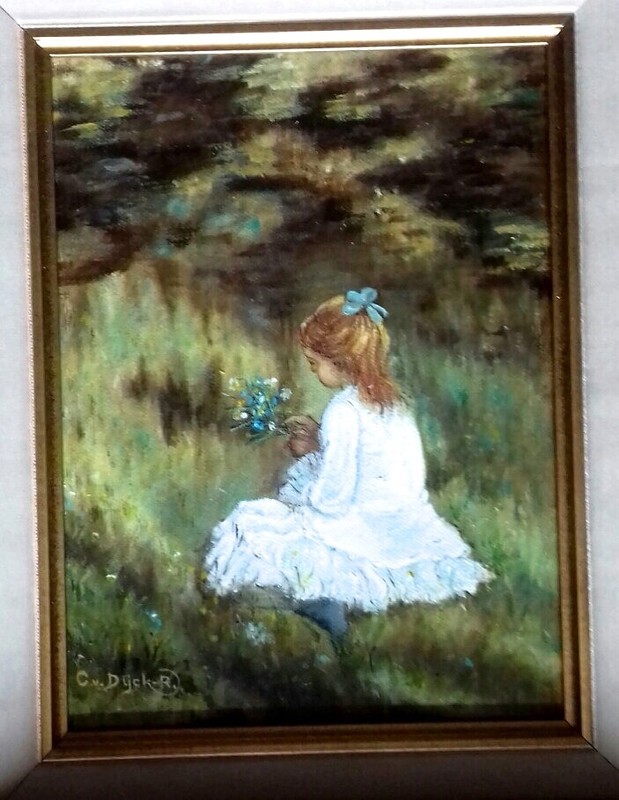 Vintage Impressionist Oil Painting of a Young Girl Picking Flowers 13x15 Signed gallery
