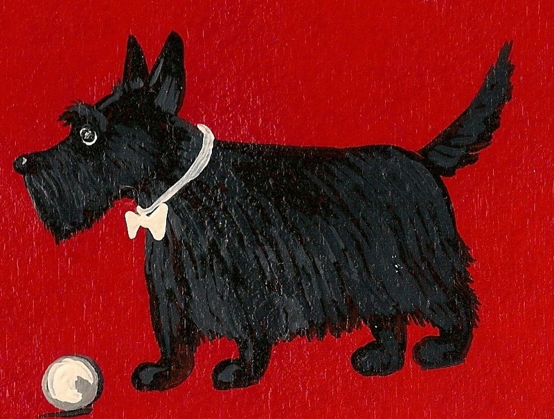 ACEO PRINT OF PAINTING SCOTTISH TERRIER FOLK ART RYTA FETCH DOG XMAS GIFT PET