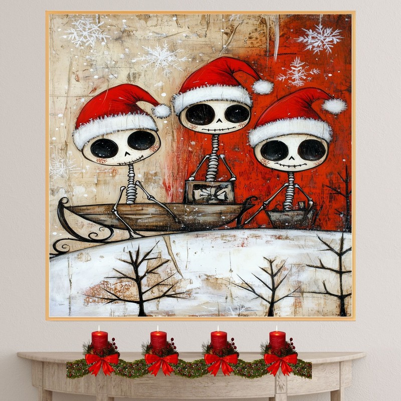 Skeleton Trio Sleigh Ride Christmas Decor Flat Rolled, Framed Or Wrapped Canvas gallery