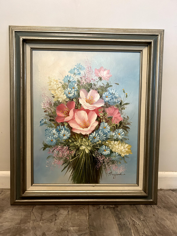 Wooden framed flower oil painting by Mogford 23×28 in