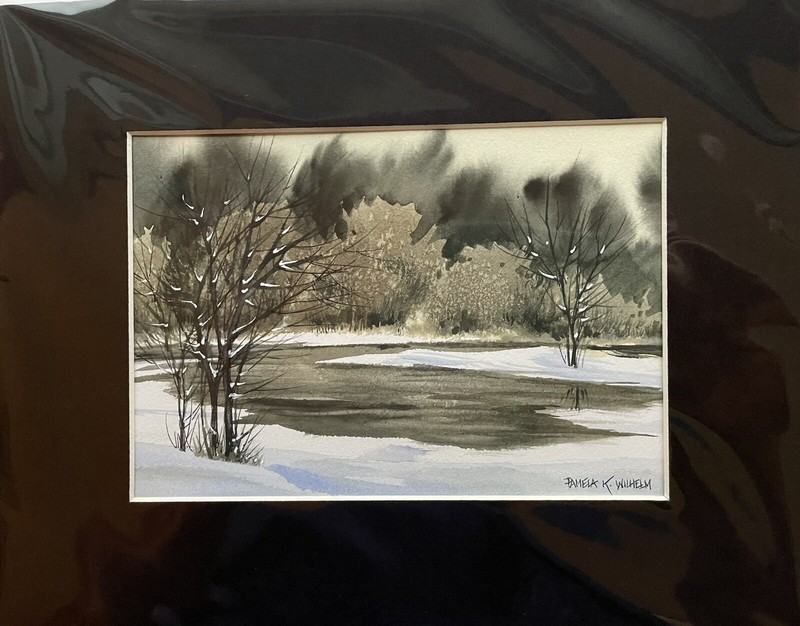 5”x7” In 8×10 Mat Pamela Wilhelm Original Loose Watercolor Winter Pond Trees