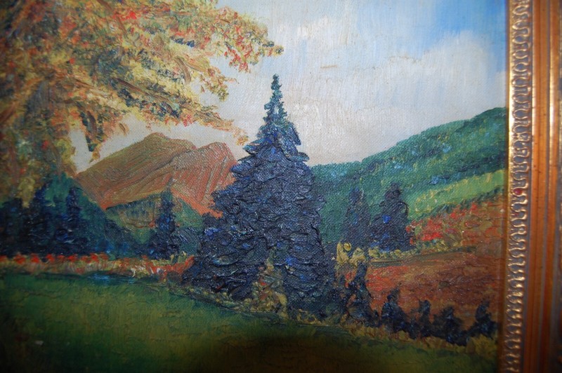 FRAMED ORIGINAL OIL TREES & MOUNTAINS LANDSCAPE, EUROPE ARTIST: M DE LANNOY 1951 gallery