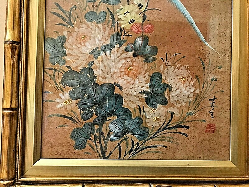 (2) FABULOUS ASIAN VINTAGE PAINTINGS ON CORK - FRAMED IN GLASS/SIGNED gallery