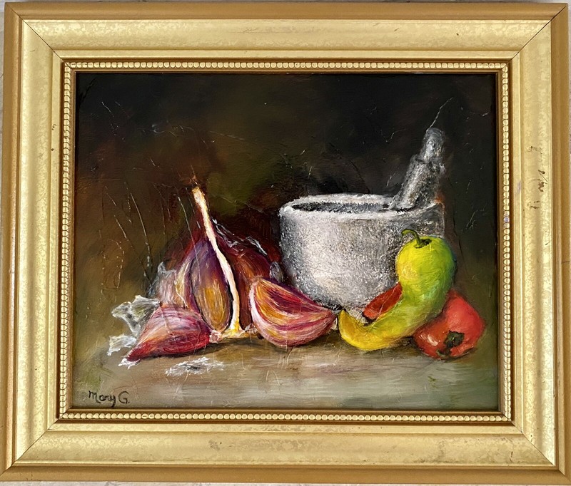 One of kind Guacamole Still Life oil painting gessoed Panel board golden frame