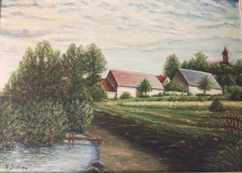 Oil On Board Painting Signed V. Skorepa Impressionism Village Scene-19×27