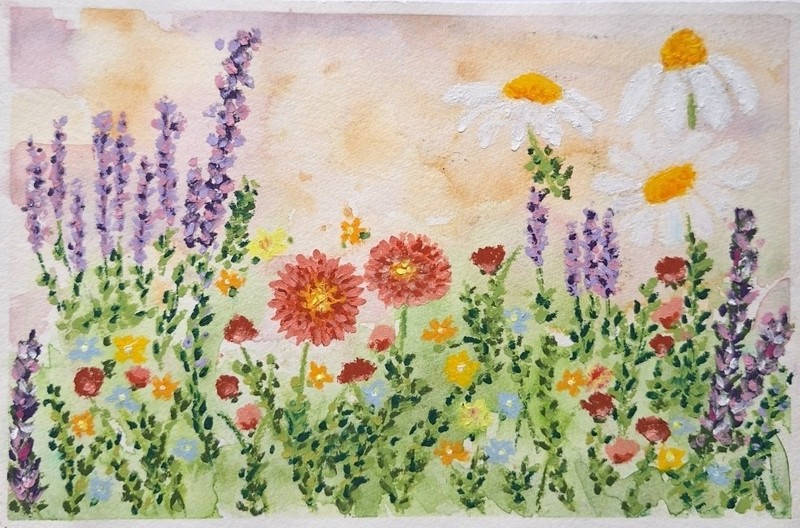 Flower field original oil pastel/watercolor painting colorful florals kimaya.art