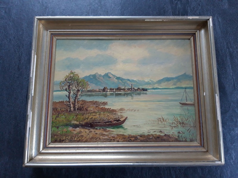 Antique Vintage Oil Painting Impressionism Alpine Lake Landscape with Signature??