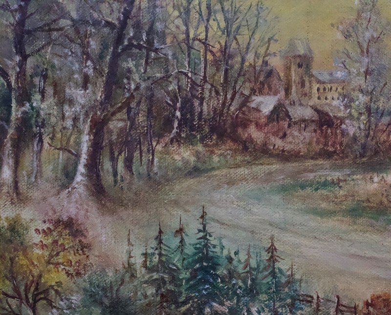 Vintage Oil Painting - European Village in Snow by River - Artist Le Blond gallery