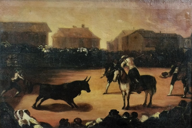 BULLFIGHTING SCENE OR REMOTE BULLFIGHTING. OIL ON CANVAS. SPAIN. 19TH.