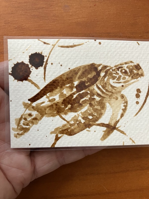 Original Coffee Sea Turtle Painting ACEO Miniature Realism ATC Art Gift Reptile