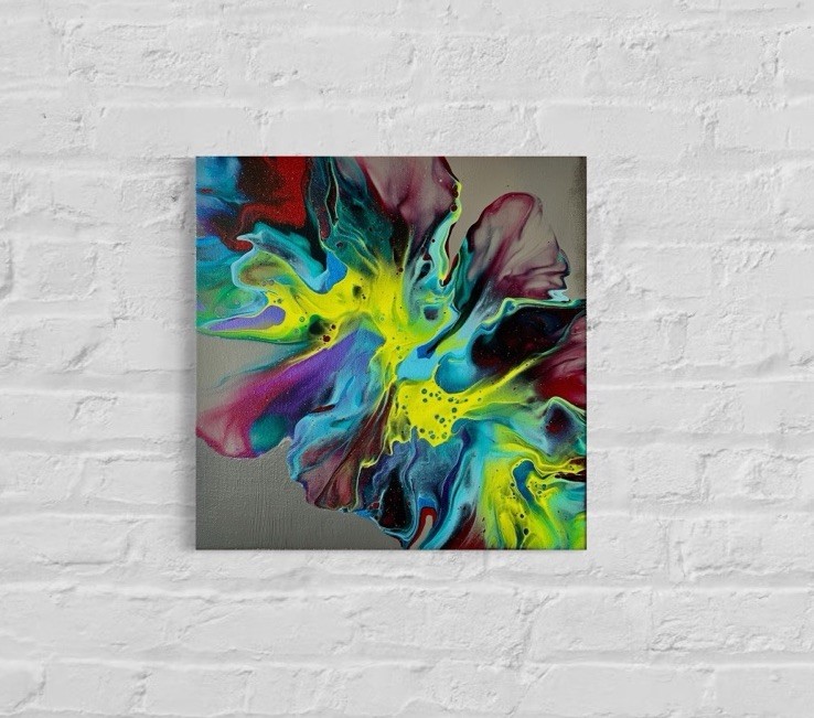 Color Bloom 14X14 Rainbow Splash Abstract Original Acrylic on Canvas Bold Flower