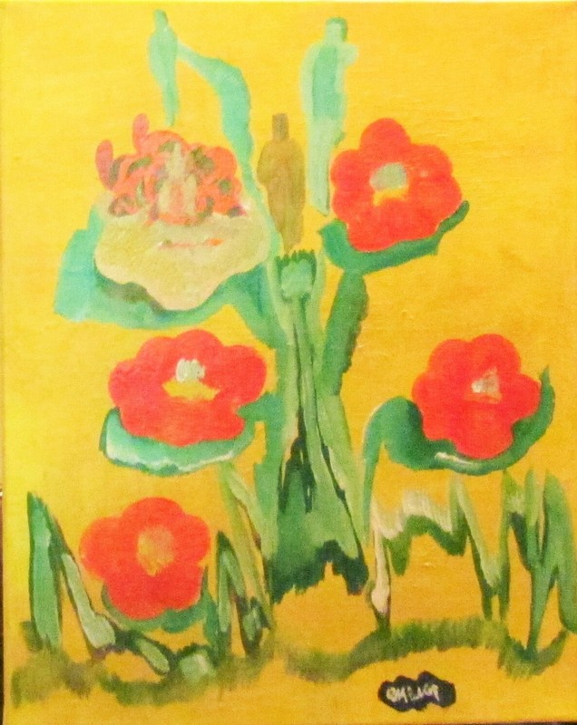 Outsider Art Original Painting Flower signed Cheng Jin 16″x20″