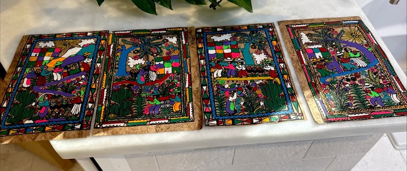 Mexican Amate Bark Paintings; Lot of 4 Hand Painted Folk Art Village Life 7×10