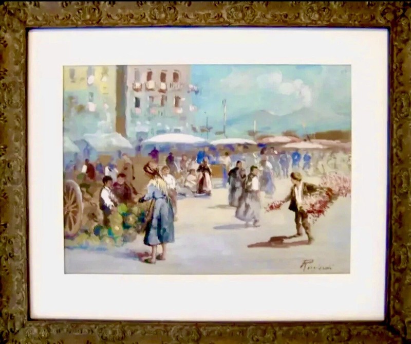 Oscar Ricciardi Listed Italian Rare Gouache «Neapolitan Market» Circa 1900