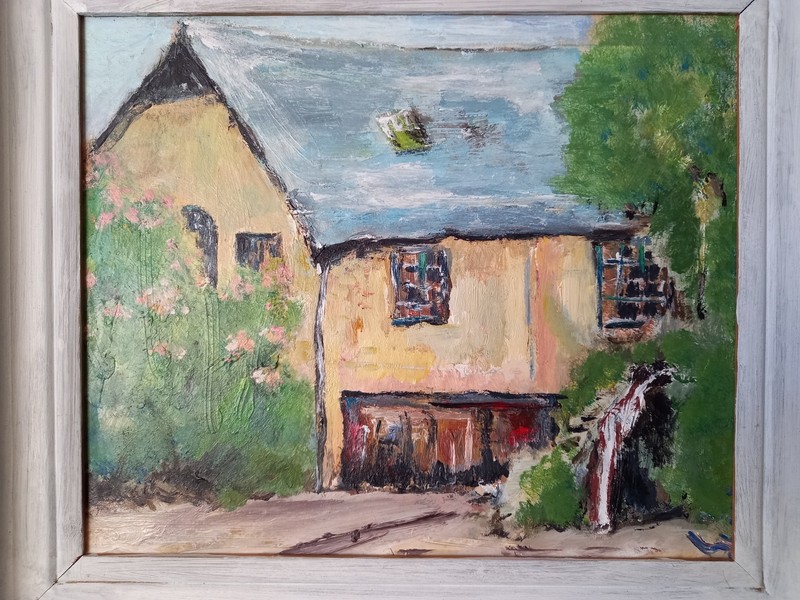Oil painting "Landscape with a bright house". Signed. gallery