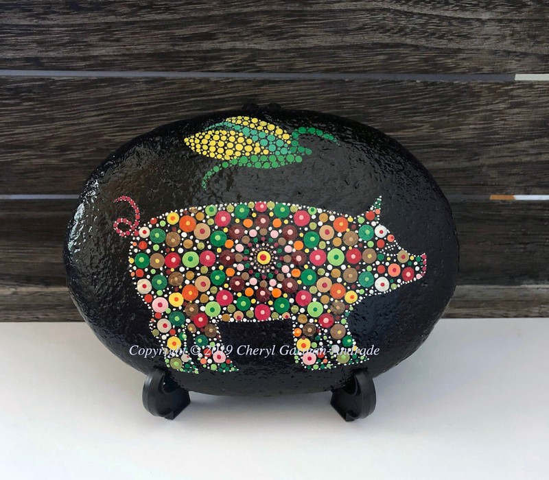 Original Dot Painted Stone Mandala Pig & Corn by Cheryl Andrade