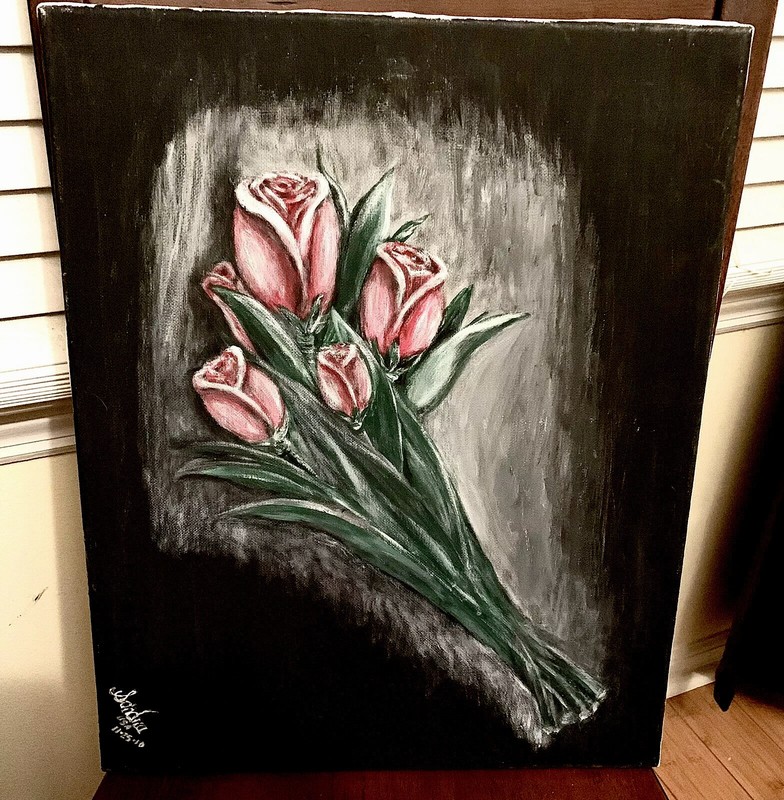 Beautiful Red Roses on a Black Background, oil painting on canvas, signed