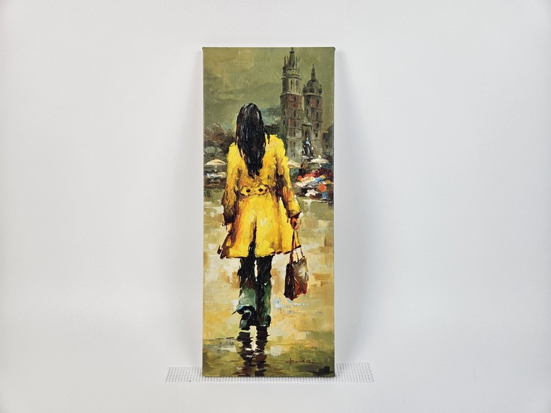 21st C Original 19″×7.75″ Woman Walking Down Italian St Acrylic On Canvas Signed