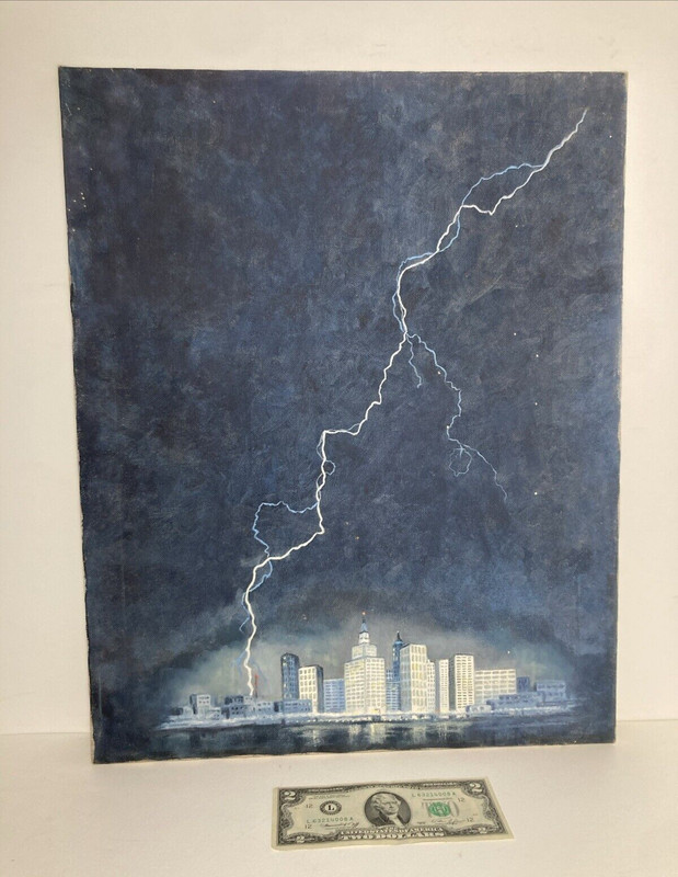Vintage Original Oil Painting Lightning Strike Nocturne Cityscape Big Skyline