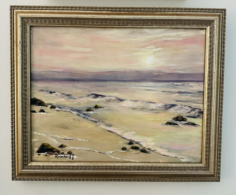 Original Signed Seascape Oil Painting – Pastel Sunset Ocean Waves Framed