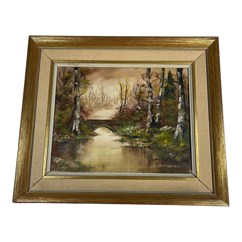 Impressionist landscape Autumn river scene Istvan Prorubszky Framed 13.25×11.25
