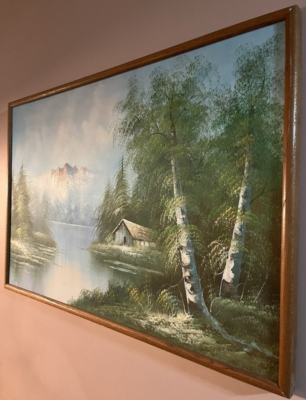 Lakeside Cabin Landscape Framed Oil Painting On Canvas Signed By Taylor 25”x37” gallery