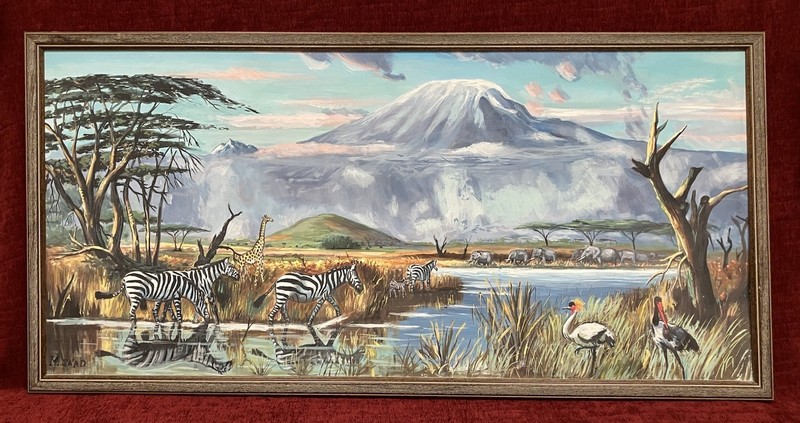 African Wildlife Painting Zebra Elephant Birds Colorful Large Framed