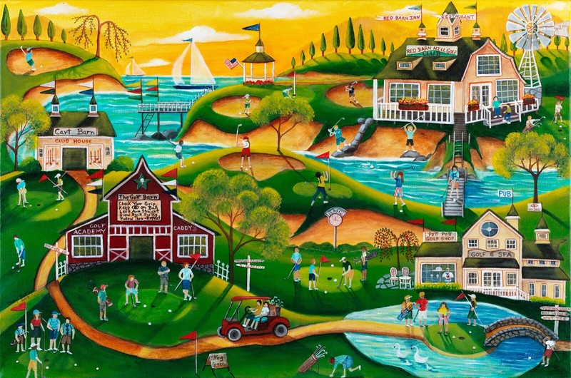 Folk Art Print GoLf OcEaN PuTTiNg GrEEn ClUb HoUsE SaIlBoAt BaRn ShOp CaDDyS