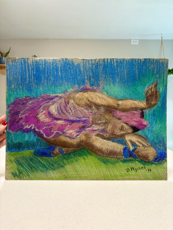 1971 Signed B. Hynes , «Dancer» Pastel Drawing, 16 X 12 Vintage Degas Inspired