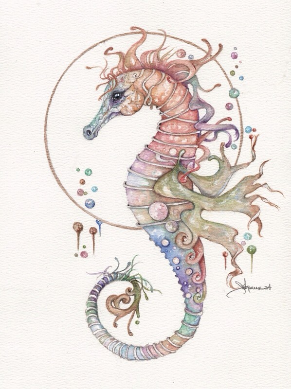 Art Whimsical Colorful Watercolor Signed, 8×10 Seahorse In Gold Wreath Matted