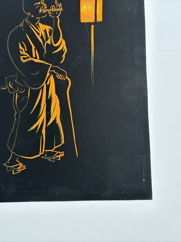 VINTAGE ANTIQUE JAPANESE PAINTING PORTRAIT NIGHT MAN SMOKING LANTERN MYSTERY ART gallery