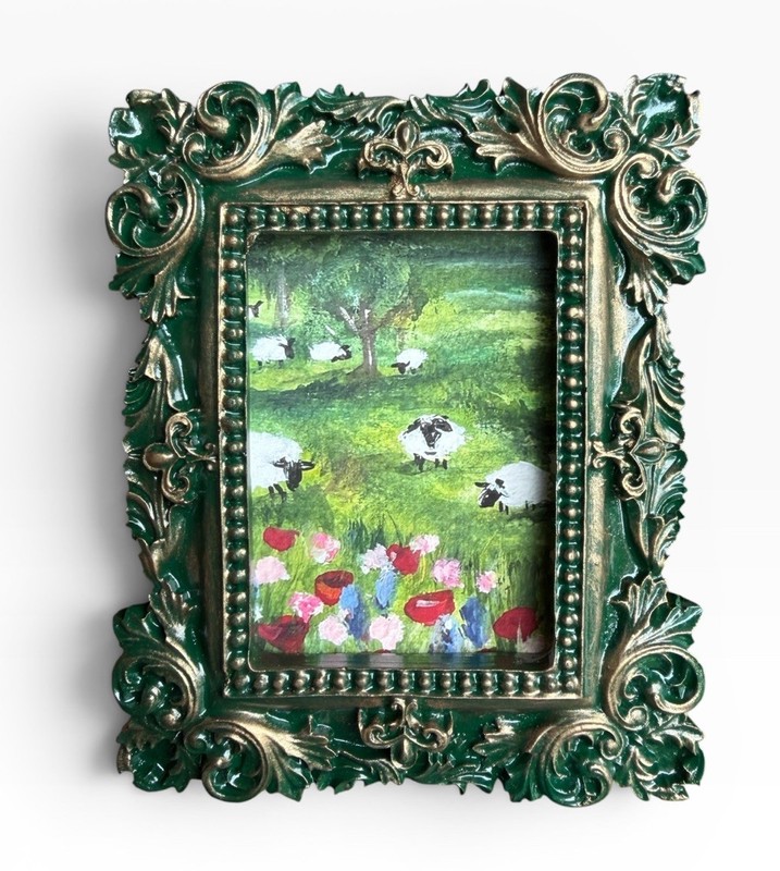 Sheep floral meadow landscape Giclee fine art print in mini vintage style frame