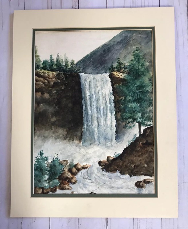 Watercolor Painting Waterfall Forest Landscape Scene Signed Original