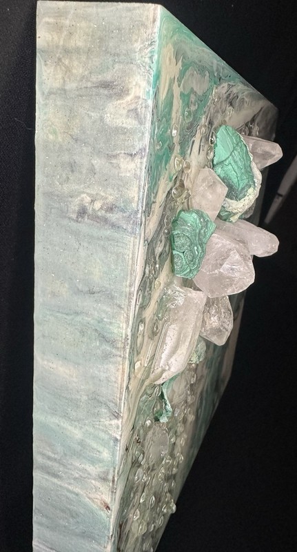 Quartz Crystals and Malachite Clusters Abstract Resin Painting Canvas 12x12 gallery