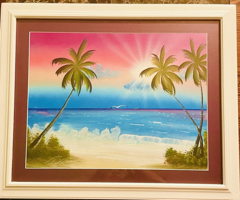 Framed original artwork hand painted with Acrylic and spray paint. Ocean Sunset