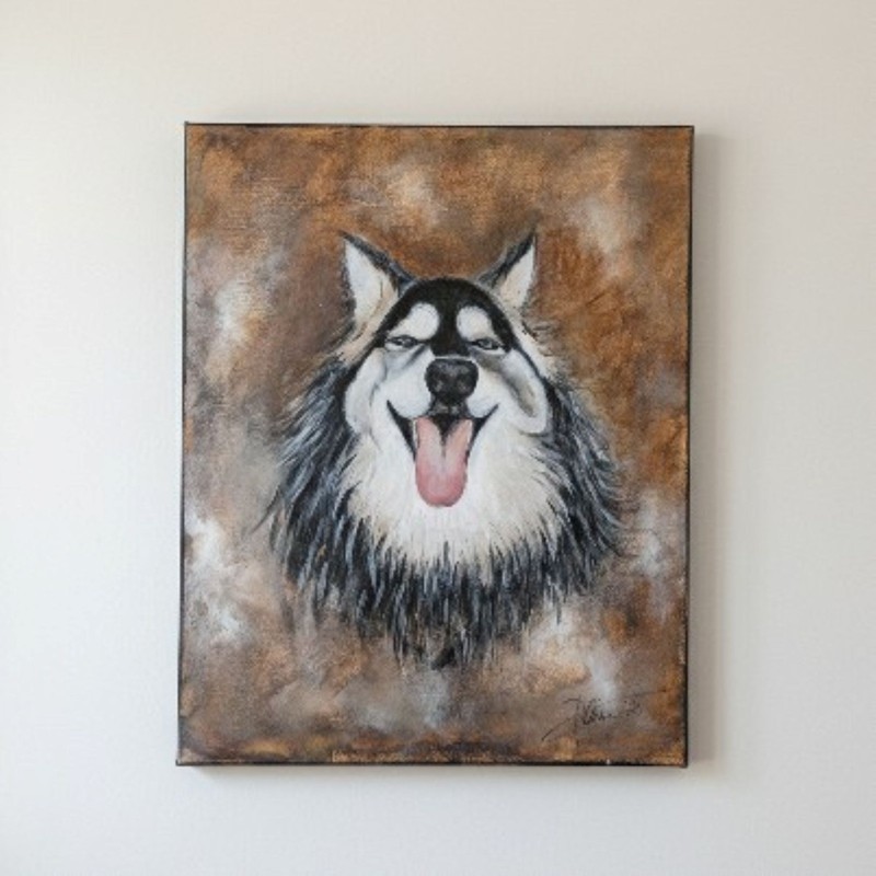 Original Husky Dog Oil Painting on Canvas 16×20 Signed Art Happy Malamute 2020