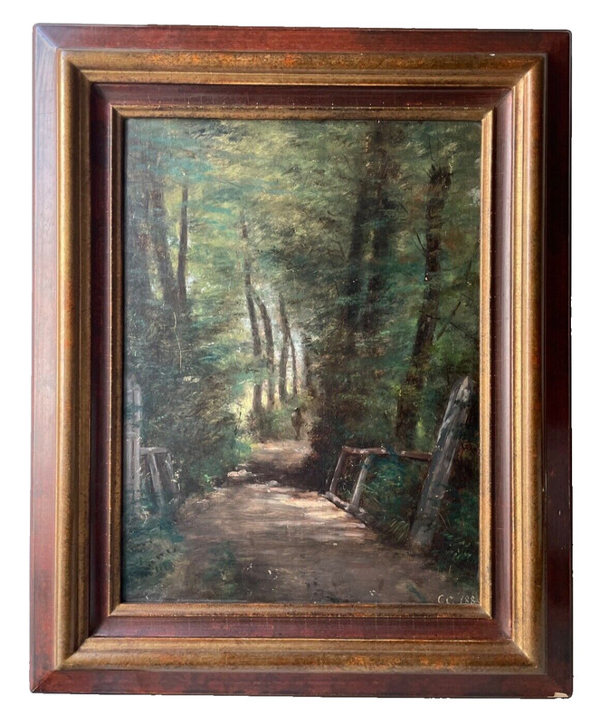 19th Cesar De Cock Signed Barbizon School Oil Panel Forest Path Circle of Corot