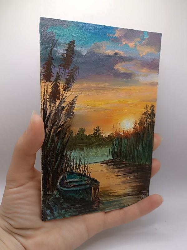 Original Miniature Sunset Lake Oil Painting Boat River Landscape 4x6 Small Art gallery